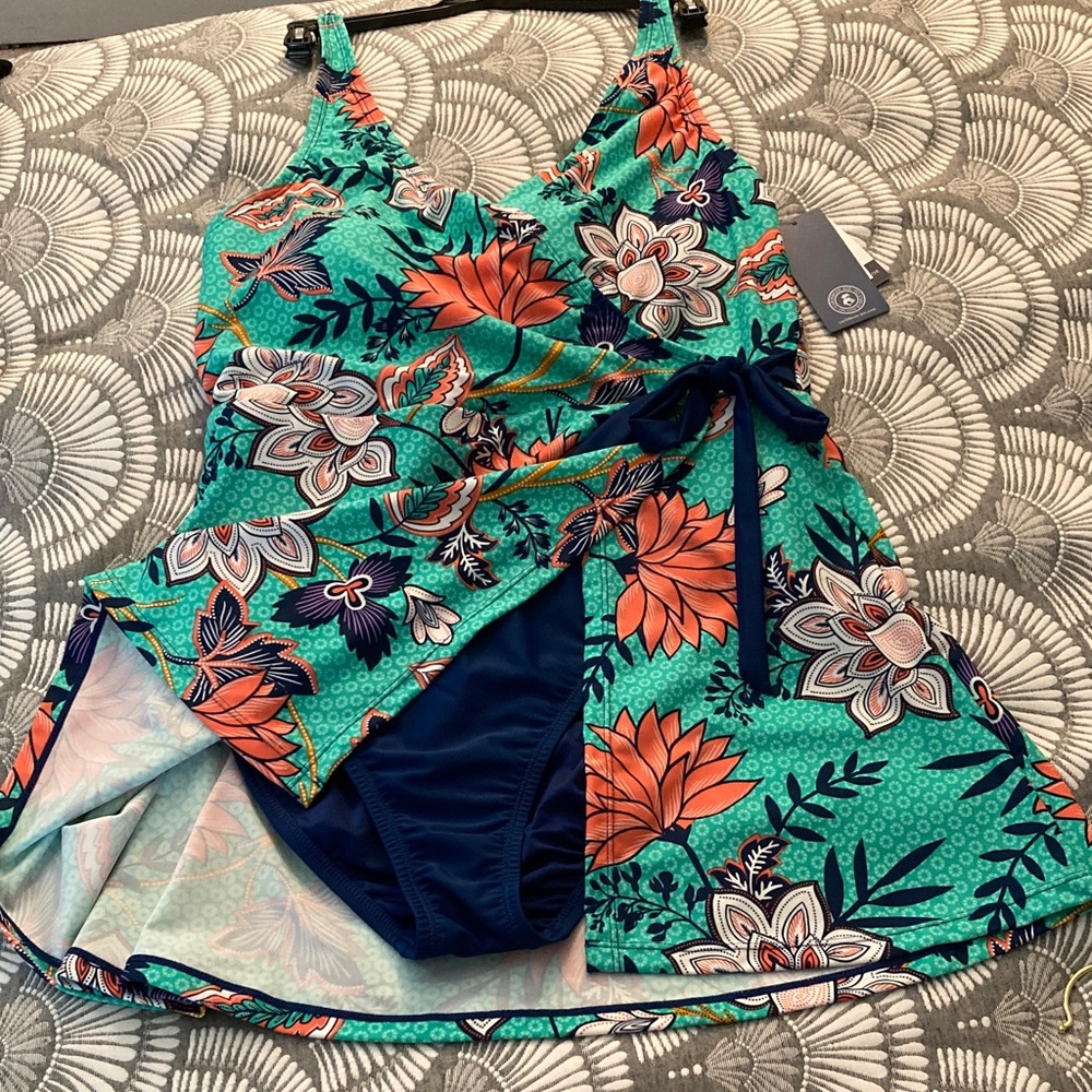 Caribbean Joe Floral Swimsuit - Teal and Orange
